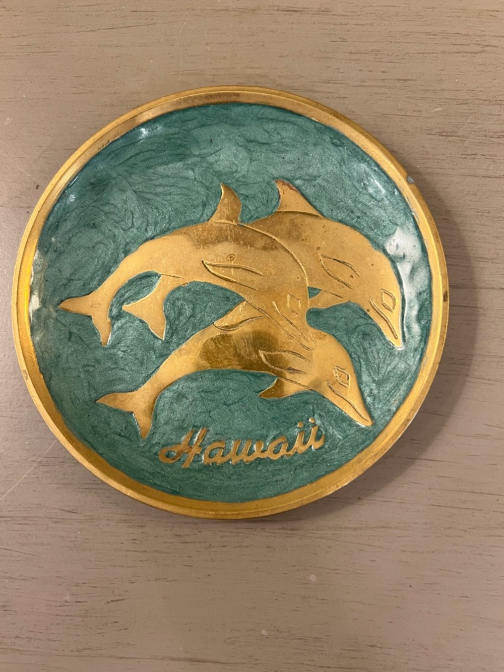 Hawaii Souvenir Dolphin Brass Teal Enamel Mahjong Dice Trinket Dish Gallery Wall